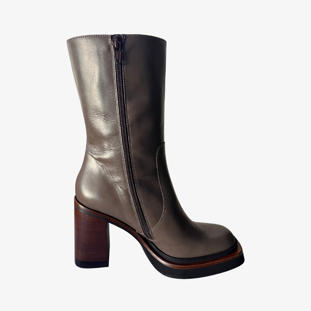 Zinda Olive leather curved peaks platform ankle boots